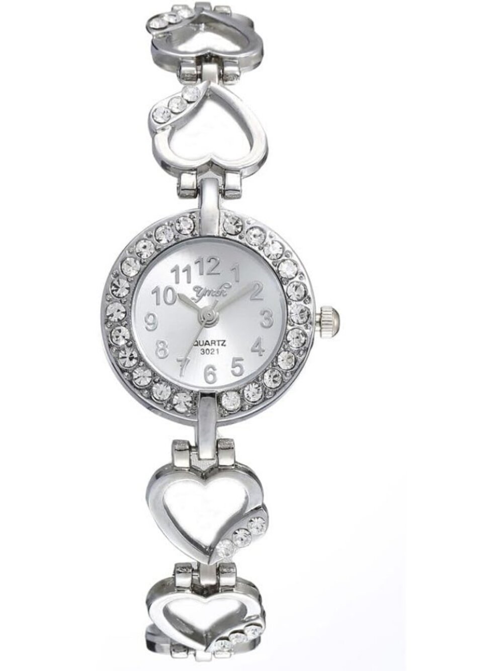 Womens Silver Quartz Heart Shaped Band Alloy Diamond Encrusted Round Wrist Watch